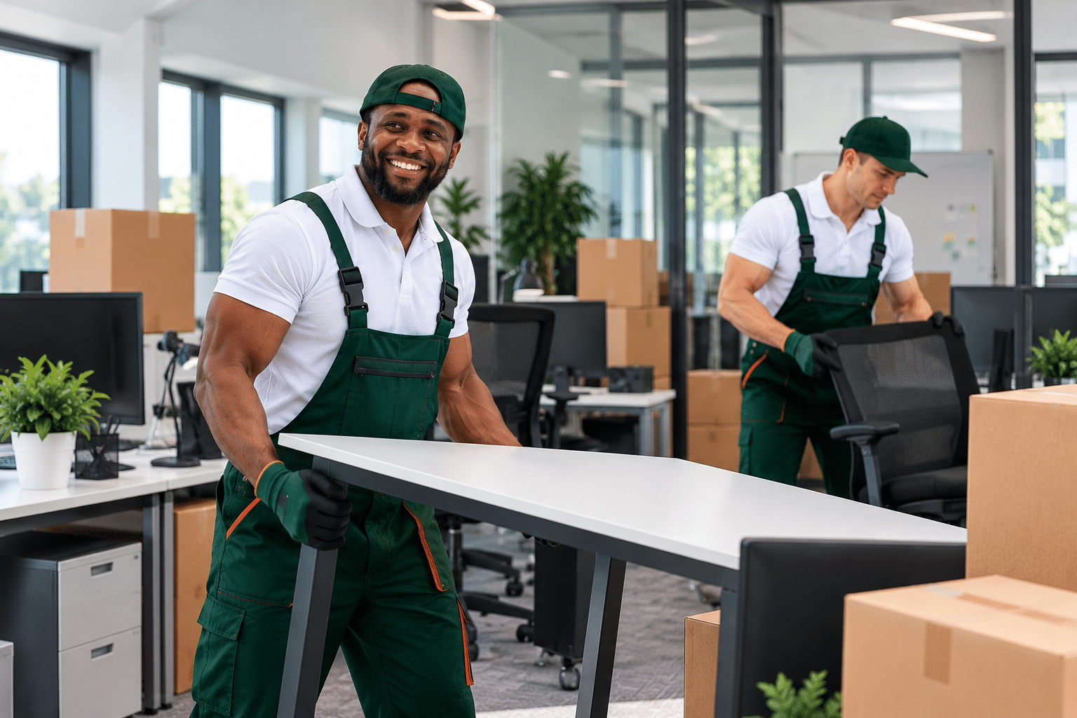Mitarbeiter bei Gewerbe- & Büroauflösung Bremen tragen einen Tisch