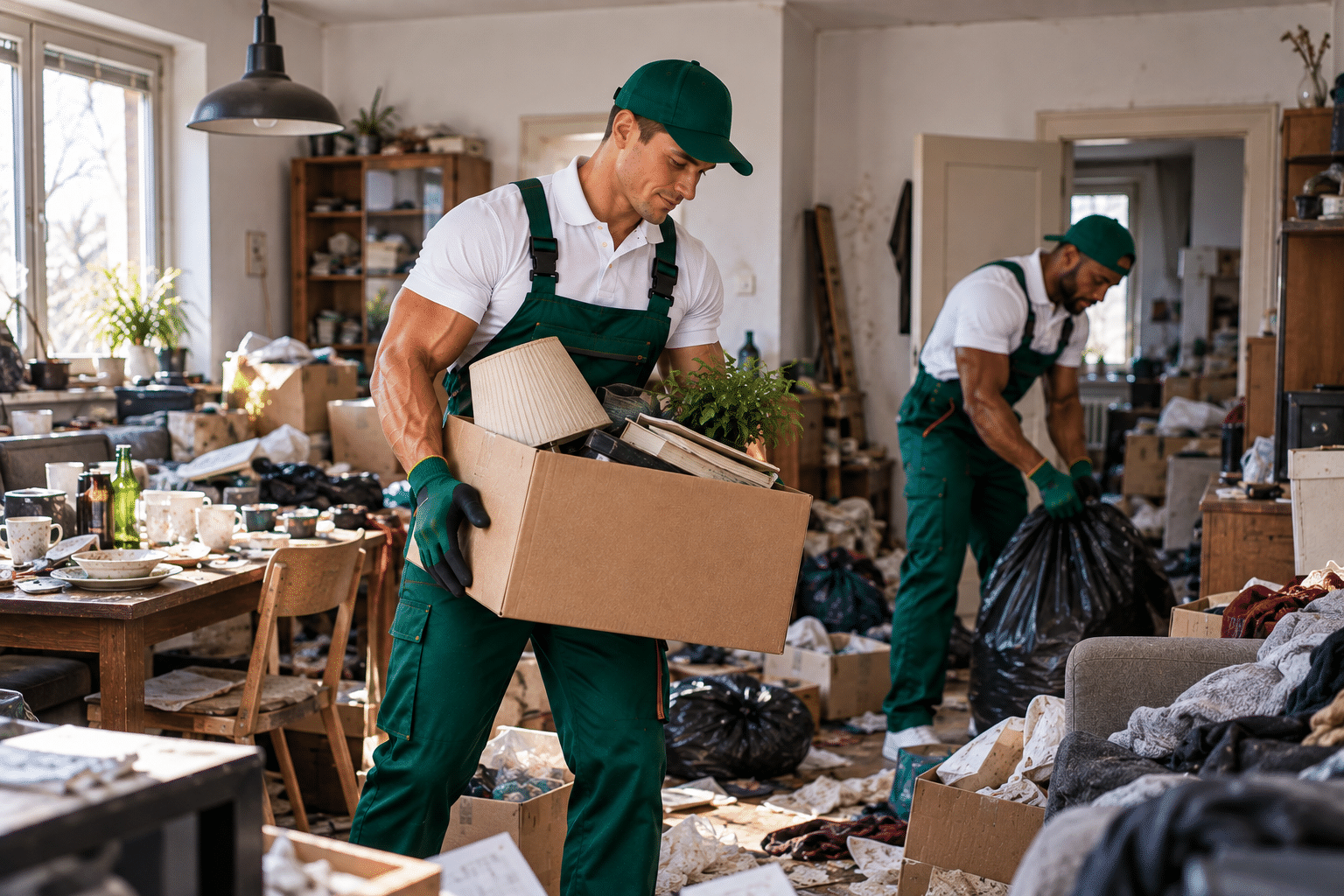 Männer bei Entrümpelung in Bremen, packen Kartons und Müllsäcke.